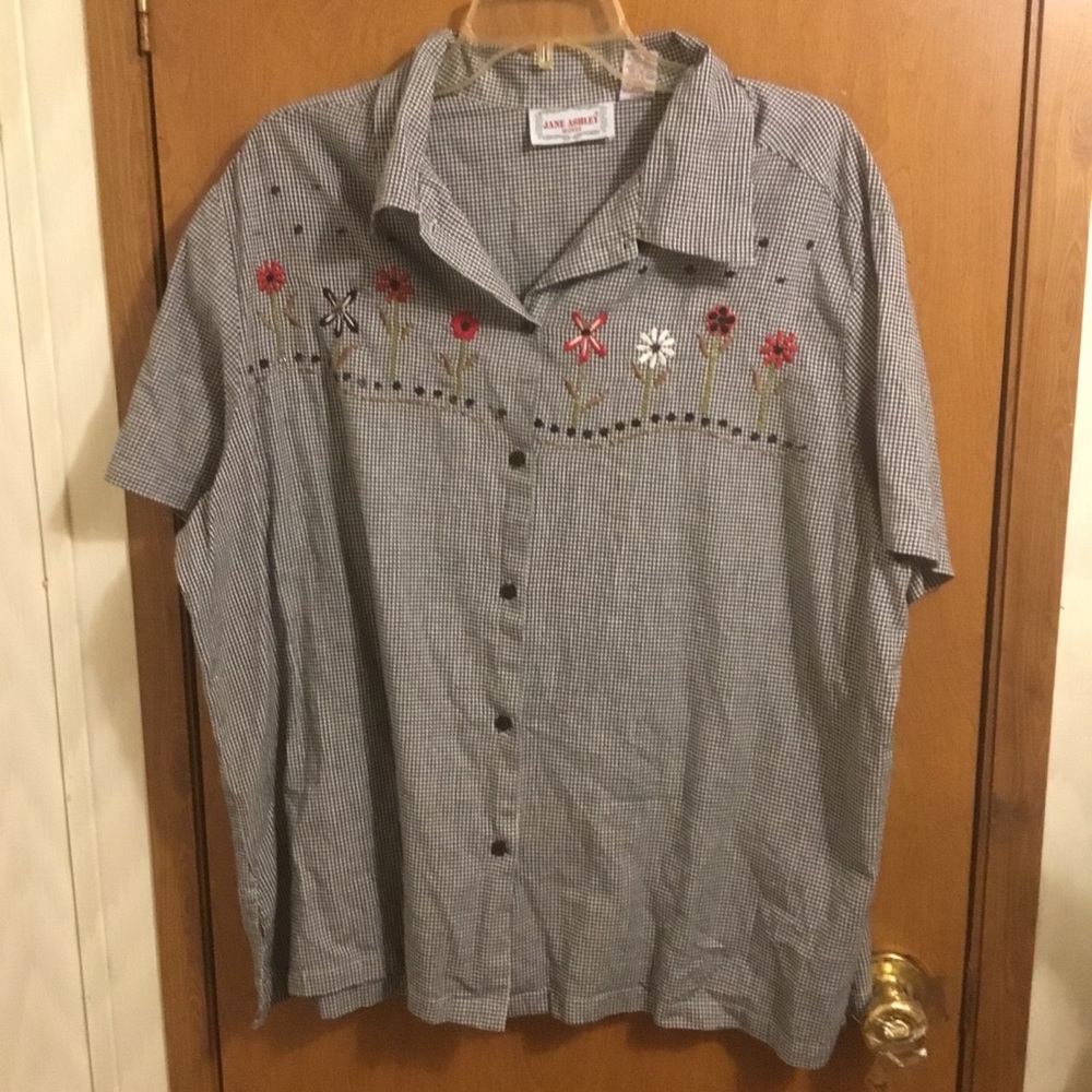 Black White Check Embroidered Gingham Short-Sleeve Shirt 2X